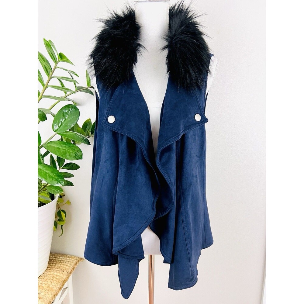 INC International Concepts Blue Buttery Soft Vegan Suede Fur Trim Vest - Plus 2X